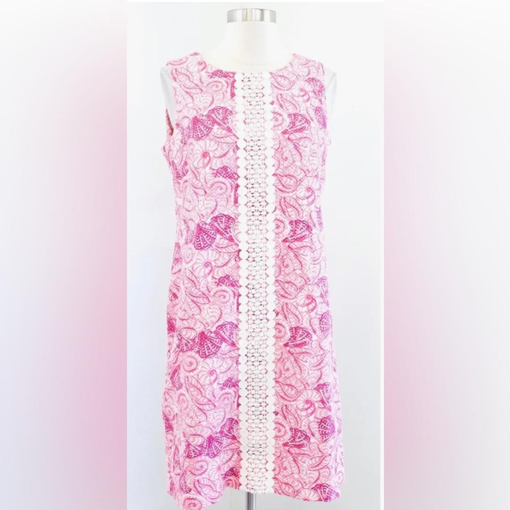 TALBOTS Pink White Seashell Print Lace Trim Textured Shift Vintage Dress Sz 8P